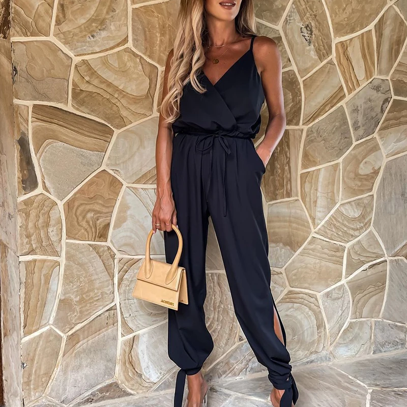 

Summer Sexy Sleeveless Sling Women Jumpsuits Fashion Elegant Solid V-Neck Backless Playsuit Lady Casual Lace-Up Overalls Romper