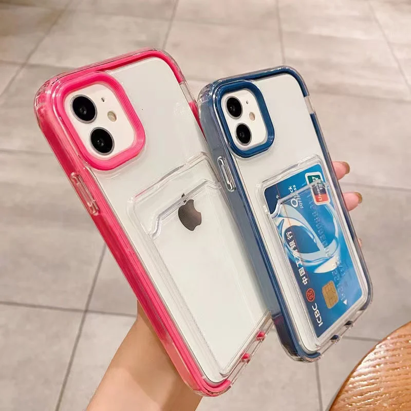

3 In 1 Candy Color Card Holder Removable Frame Clear Phone Case for IPhone 12 11 Pro Max X Xs Max Xr 8 7 Plus Soft TPU Cover