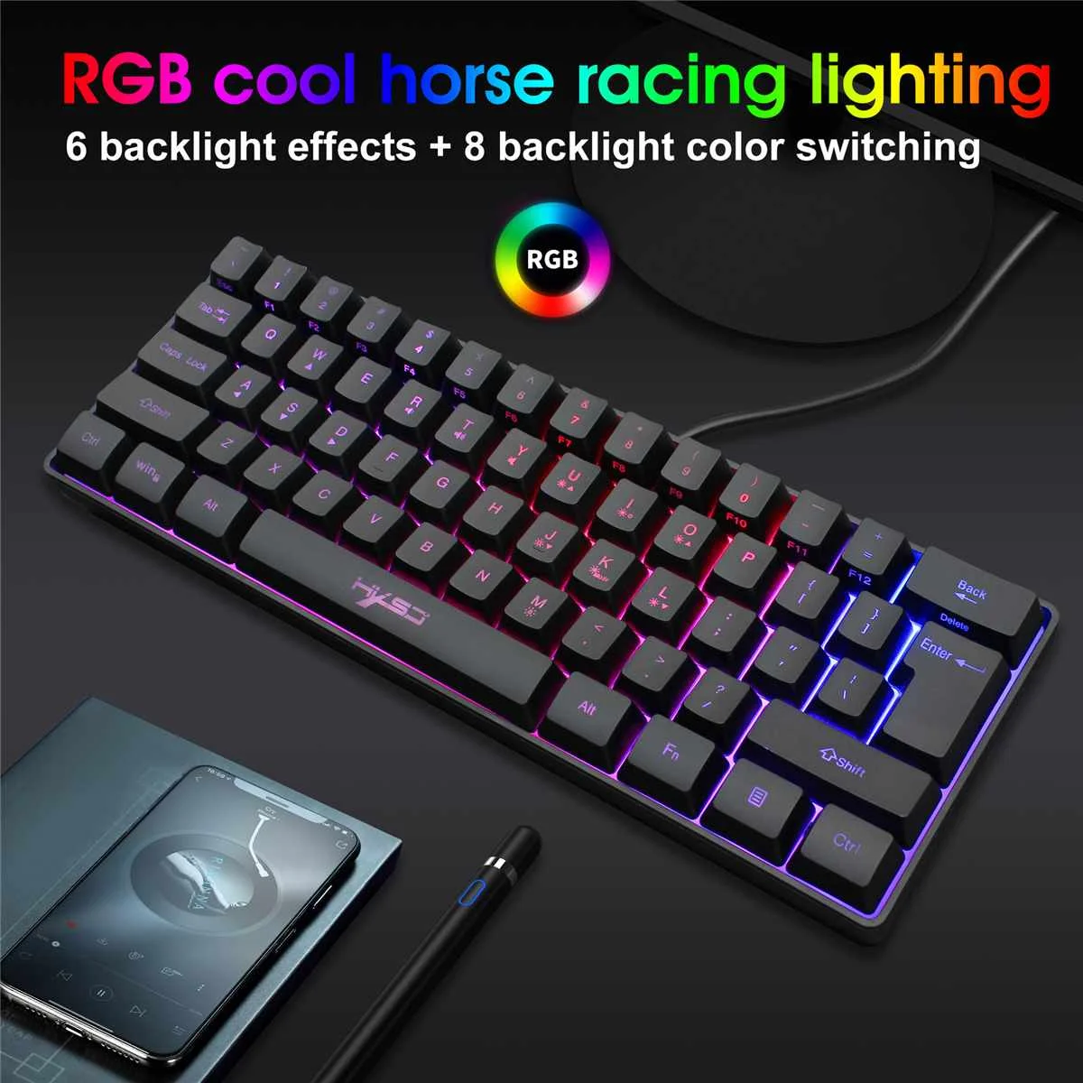 

Игровая клавиатура HXSJ V700, 61 клавиша, проводная, с RGB подсветкой, с несколькими горячими клавишами, мини-Мембранная клавиатура для дома и офис...