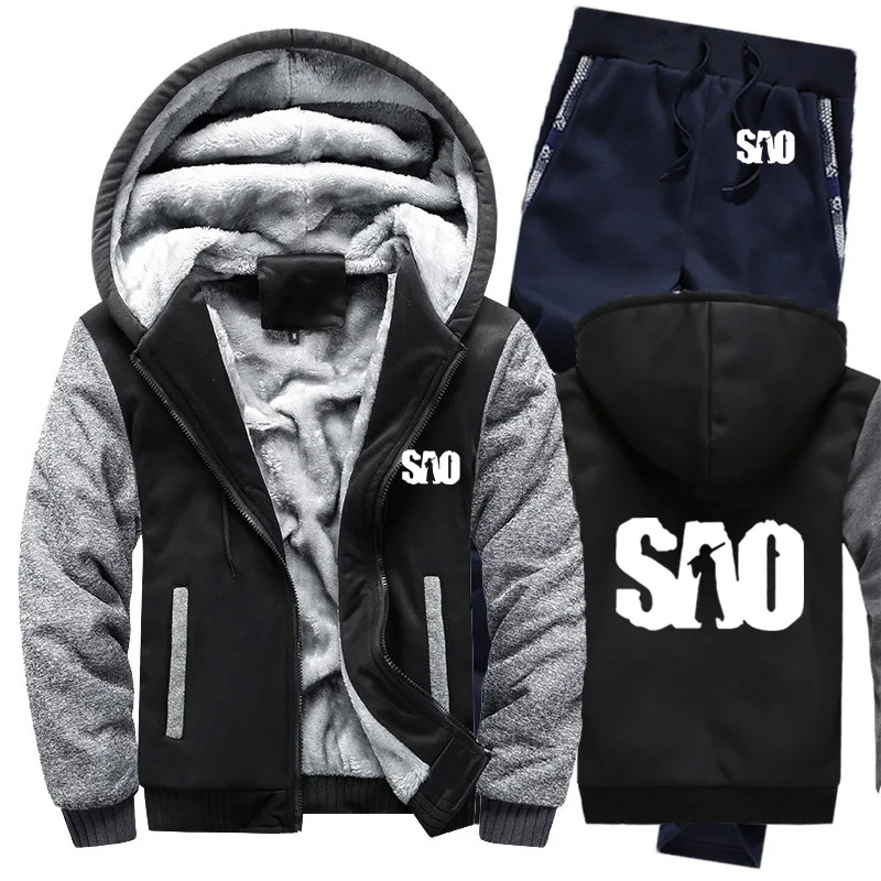 

New SAO Sword Art Online Hoodies Mens Suit Winter fleece Thicken Warm zipper Sweatshirt Mens Hoodies Jacket +Pants Sets
