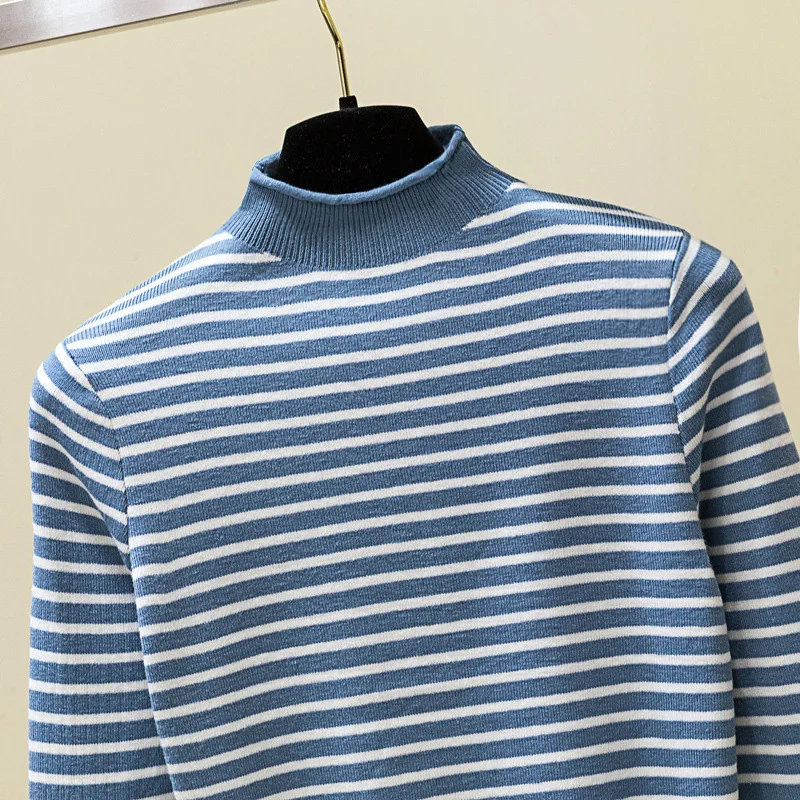 

Women Sweater Highly Stretch Stripes Ribbed Turtleneck Ruffle Long Sleeve Slim Sweater Women Autumn Winter Vintage Pullover Tops