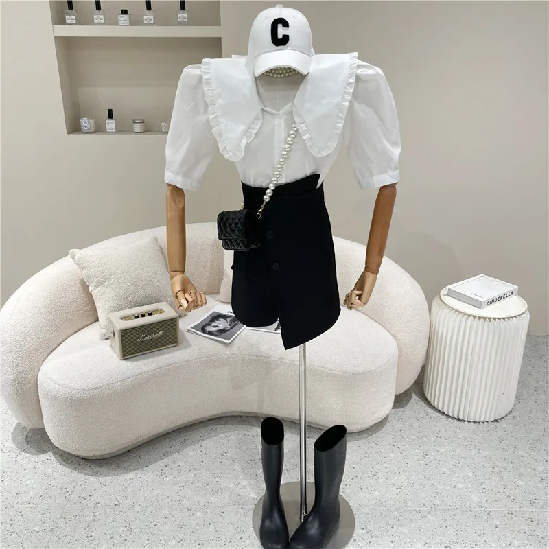 

Niche Design New Women's Clothing Summer 2021 Fashion Doll Collar Puff Sleeve Shirt + High Waist Irregular Pantskirt