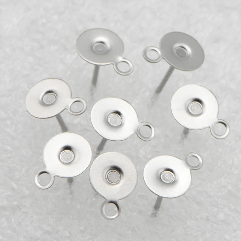100pcs/lot Stainless Steel Blank Post Earring Studs Pins with Loop Hang 6mm 8mm Flat Round Tray Base Ear Jewelry Findings DIY