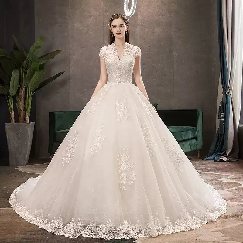 

Свадебное платье элегантное платье с завышенной талией рубашка с короткими рукавами пол-Длина на шнуровке с v-образным вырезом Вышивка Тюль...