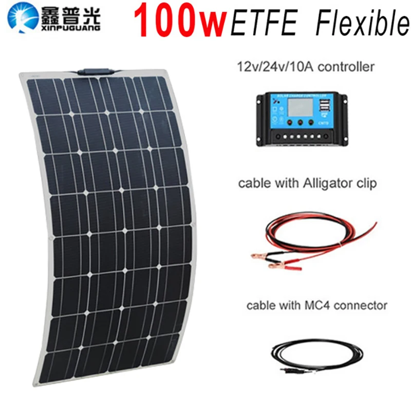 xinpuguang гибкий портативный портативный ETFE солнечная батарея панель 100w 12v комплект зарядного устройства для зарядки аккумулятора монокристаллический для 1000w System Boat Car Camping путешествия по Китаю