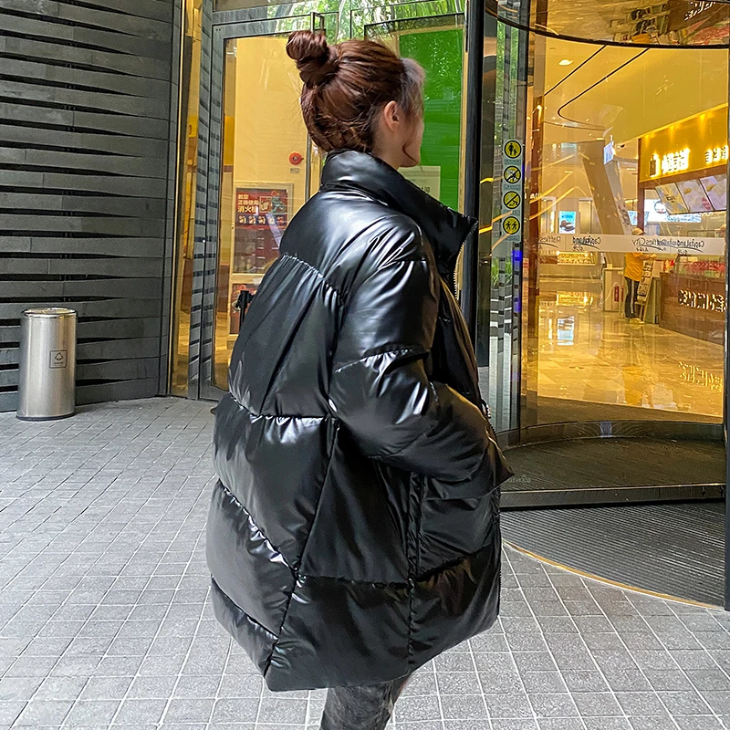 

Long Parkas Female Winter Stand Collar Oversized Shiny Women's Jackets 2020 Solid Thick Big Pockets Loose Casual Overcoat Female