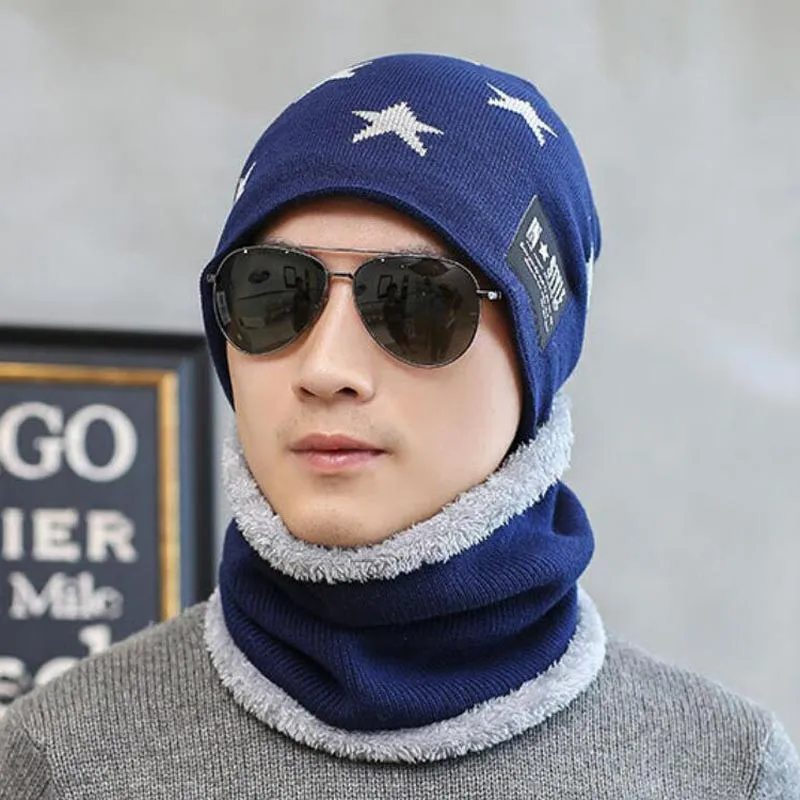 Зимняя мужская шапка шарф Мужская теплая вязаная плюшевая набор из 2 предметов
