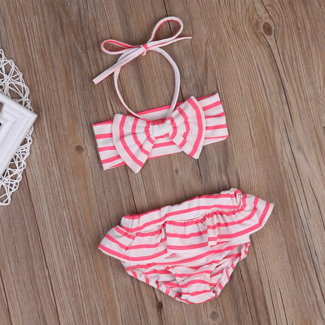 Комплект бикини в полоску с бандо для маленьких девочек купальный костюм бантом