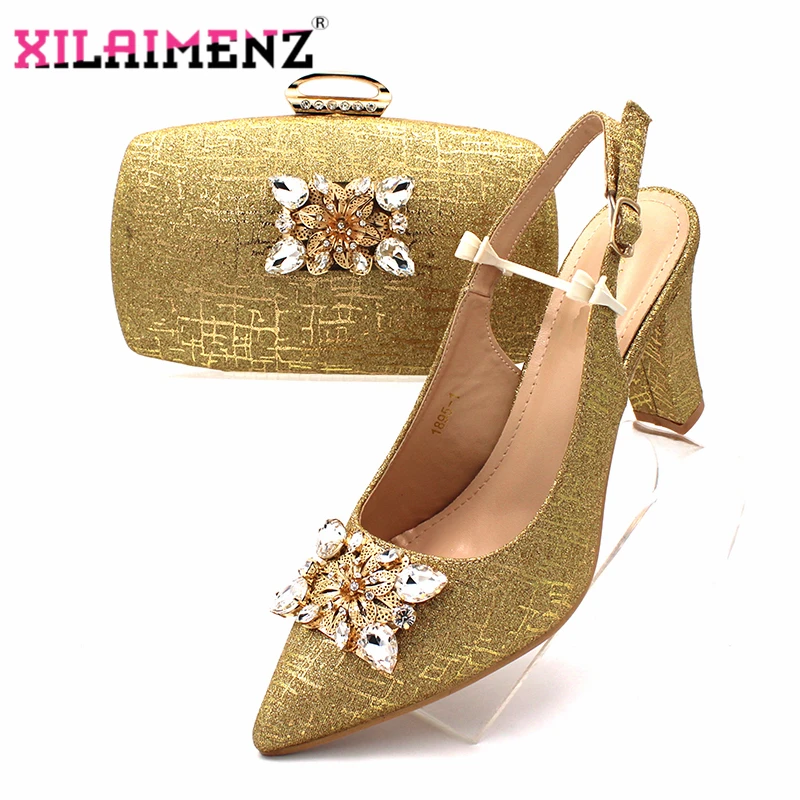 

Mature Italian Women Royal Wedding Party Shoes and Bag to Match with Shinning Crystal in Golden Color Nigerian Style Set