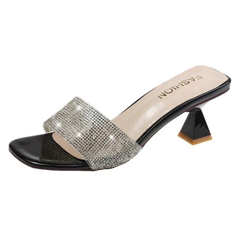 

Diamond slippers women's 2021 summer new high heeled and thick heeled wear women's large size cool slippers women's