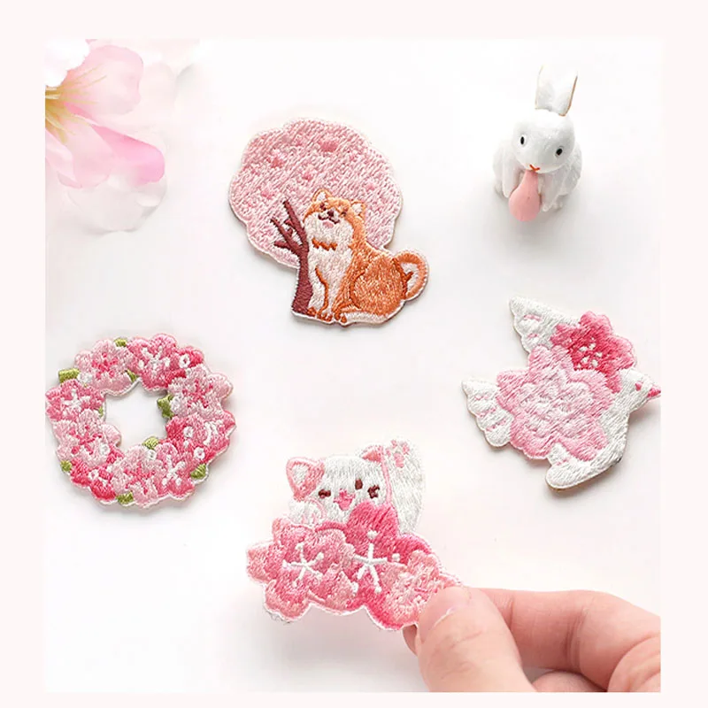

AHYONNIEX Cute Cherry Flower Embroidery Patches for Bag Jeans Shiba Bird Cat Iron On Patches for Clothes Small DIY Patches