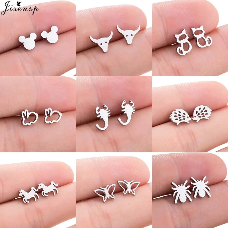 Jisensp милые серьги из нержавеющей стали с животными полые гвоздики милым кроликом