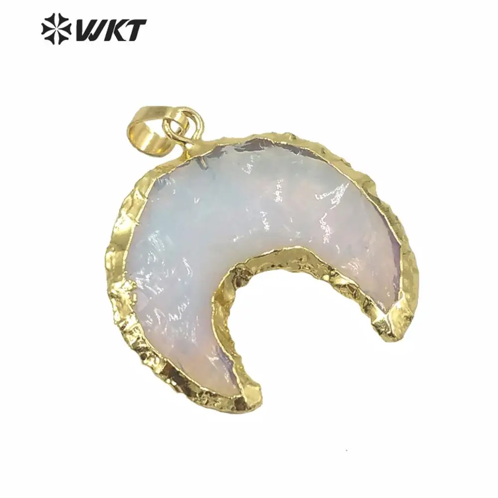 

WT-P1611 Wholesale New Hammer Opal Raw Stone Pendant Gold Trim Natural Crescent Horn ACC Necklace For Women