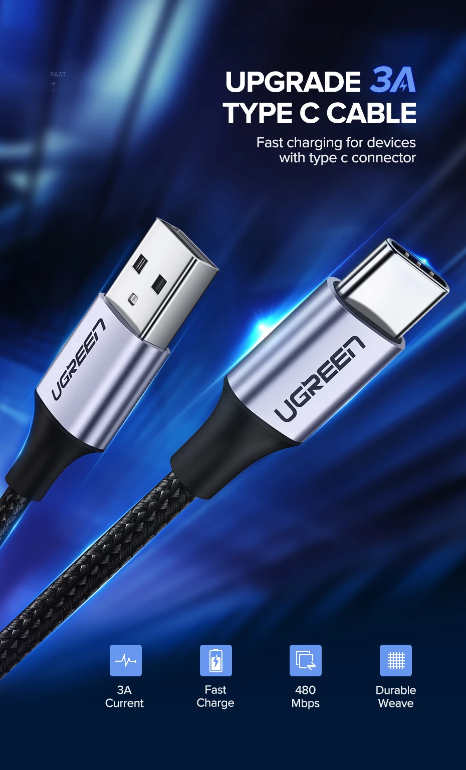 Ugreen usb type c кабель для быстрой зарядки кабель для передачи данных для samsung Galaxy S9 S8 кабель для мобильного телефона для huawei xiaomi 9 8 зарядное устройство короткое
