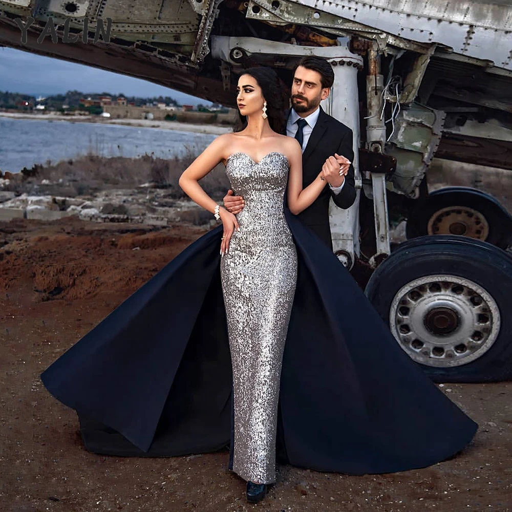 

YALIN New Silver Mermaid Evening Dress Sweetheart Floor Length With Dark Blue Train Wedding Dress Photography Robe De Soirée