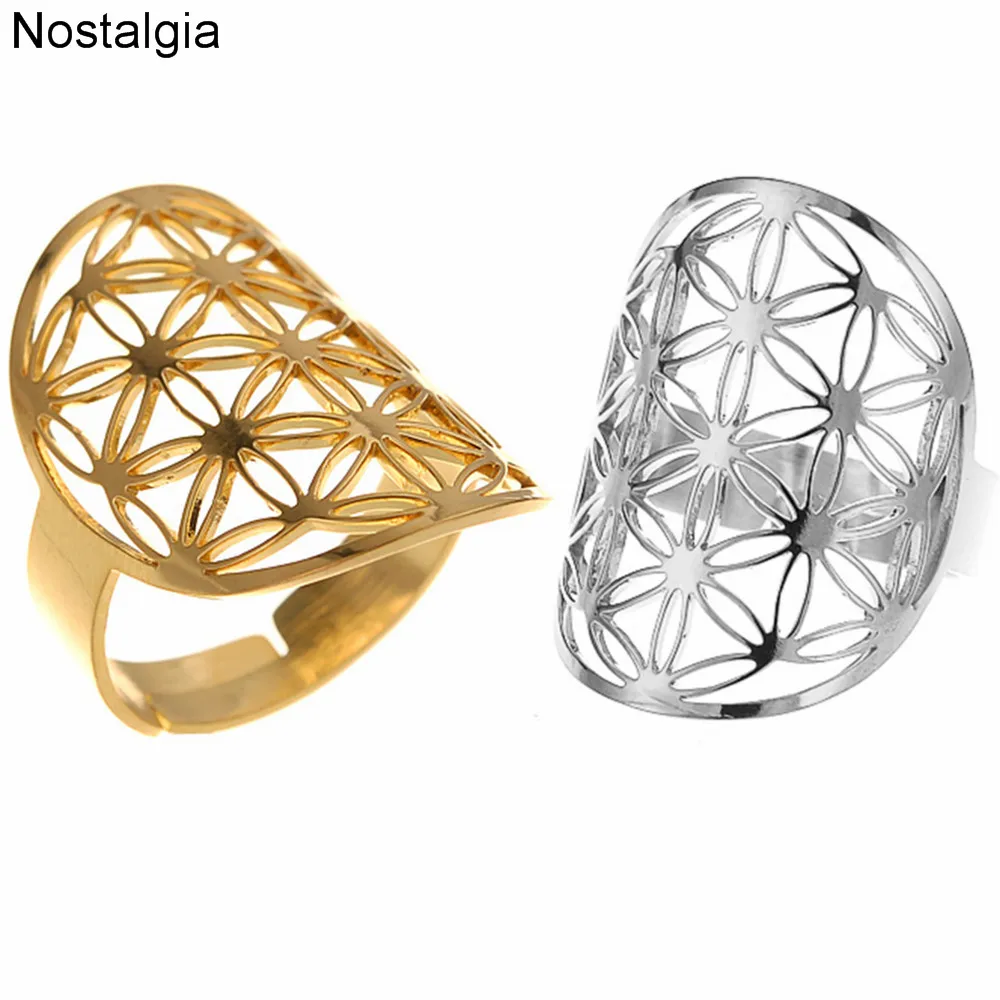 

Nostalgia Flower Of Life Wicca Hollow Thin Fleur De Vie Sacred Geometry Adjustable Rings For Women Stainless Steel Gold Ring Men