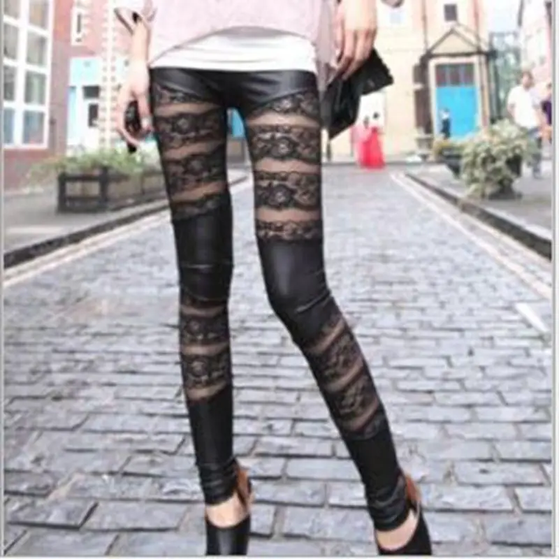 

PU Leather Patchwork Lace Leggings Lace Hollow Pants Women 007