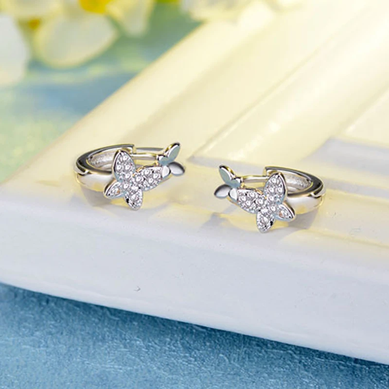 

Creative Ladies Earrings Silver Small Creole Children's Earrings Butterfly zirconia Temperament Elegant Style for women girl
