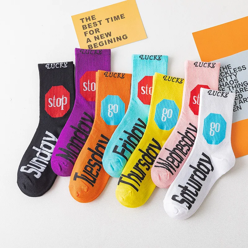 

Носки Week Socks для пары, женские хлопковые носки в Корейском стиле, мужские спортивные носки Harajuku, новинка, забавные носки для скейтборда, носк...