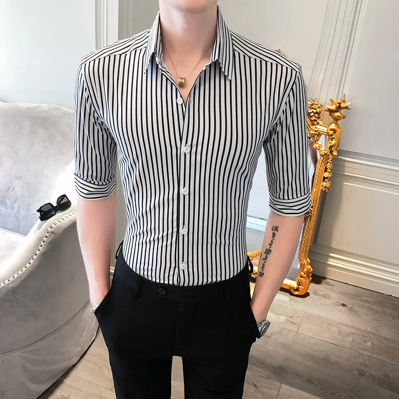

Hot Sale Summer Men Casual Shirt Fashion 2020 Half Sleeve Striped Shirts For Men Slim Fit Business Formal Wear Blouse Men 3XL-M