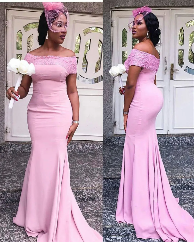 

Strapless Pink Mermaid Bridesmaid Dresses 2022 Applique Lace African Women Long Maid Of Honor Gowns Robe de soiree de mariage