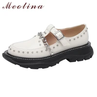 meotina t strap shoes genuine leather platform mid heel women pumps rivet chain ladies shoes thick heels buckle footwear 41 42