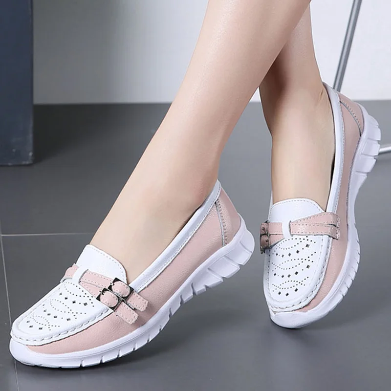 Women Loafers Shoes Genuine Split Leather Slip on Buckle Flat Heel Ballerines Ladies Sneakers Work Zapatos De Mujer 1840W | Обувь