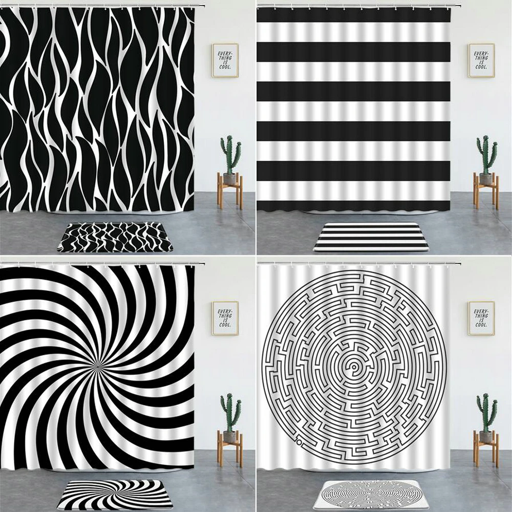 

Black And White Stripe Shower Curtains Set Bath Mats Rugs Boho Geometric Pattern Bathroom Decorative Bath Screen Non-slip Carpet