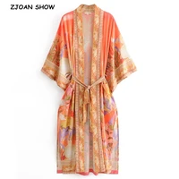 2020 bohemia orange mermaid flower crane print long kimono shirt ethnic lacing up sashes long holiday cardigan loose blouse tops