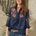 Рубашка ZANZEA женская джинсовая с цветочным принтом, модный топ с вышивкой, Элегантная блузка-туника с воротником на пуговицах, синяя блузка, 2021