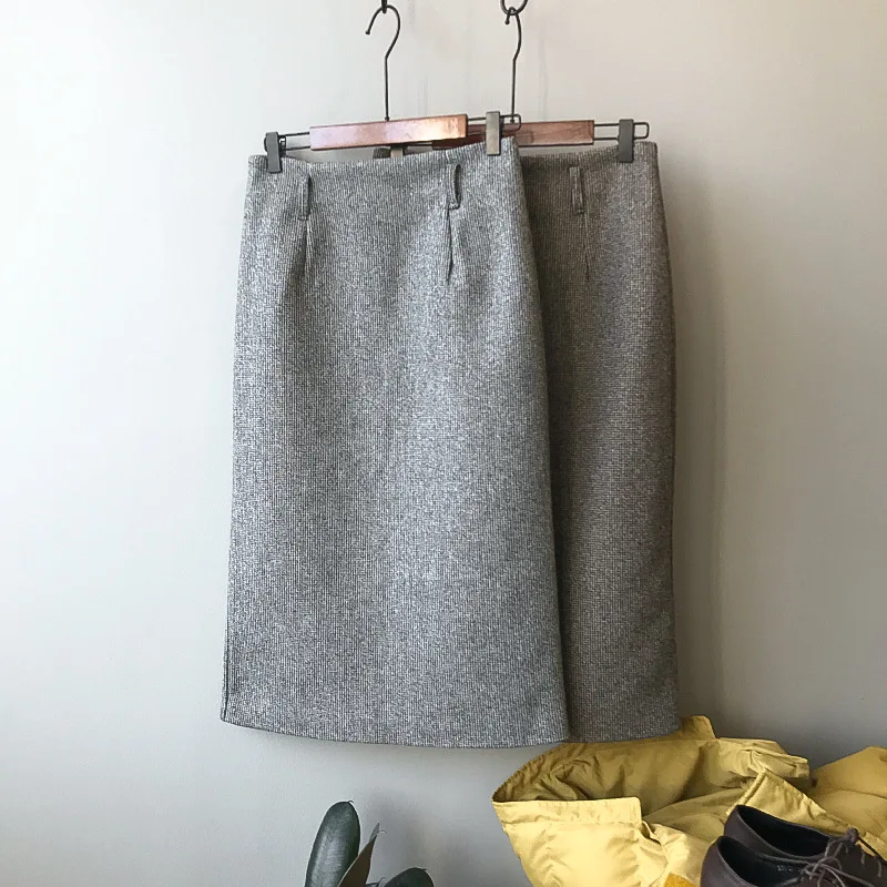 HXJJP Ретро стиль клетчатая юбка Женская с высокой талией Осень-зима тонкая средней