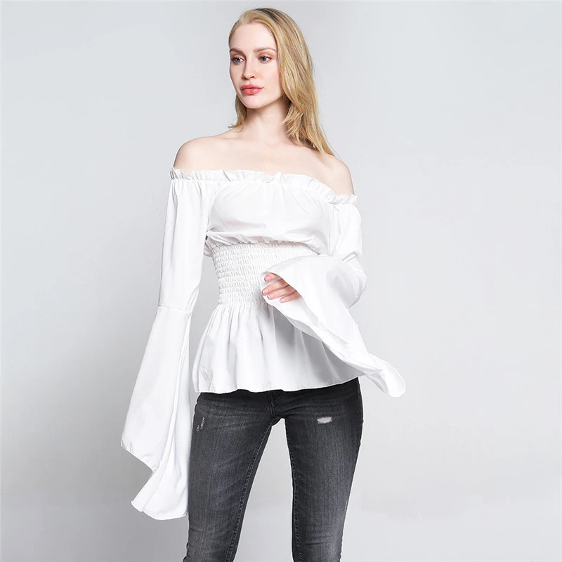 

Womens Tops And Blouses Feminine Autumn Streetwear White Off Shoulder Long Sleeve Waisted Blouse Flare Sleeve Ladies Top