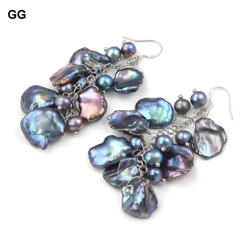 

GG Jewelry Natural Cultured Peafowls Black Potato Pearl Keshi Pearl Earrings 925 Sliver Hook Dangle Earrings Classic For Women
