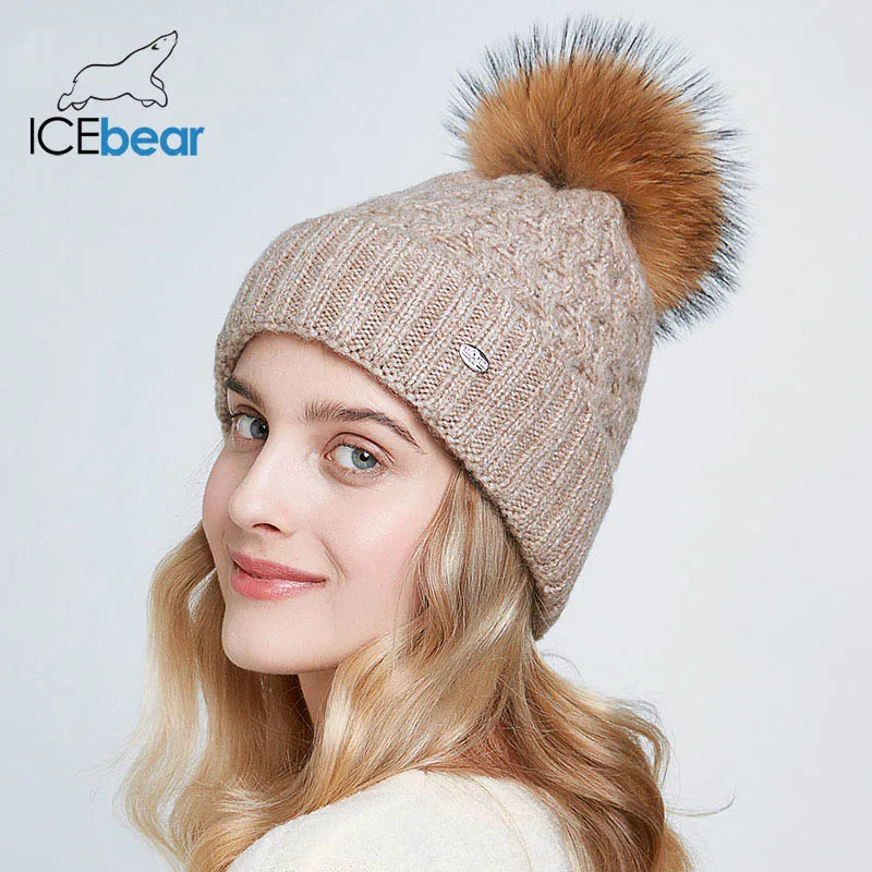 ICEbear зимние шапки для женщин натуральный мех помпон шапка теплые осенние вязаные шапки для женщин модные вязаные шапочки Женские шапки E-MX19113Q