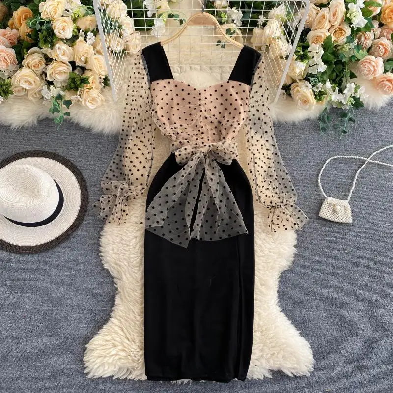 Длинное платье макси с принтом в горошек платья рукавами фонариками и бантом