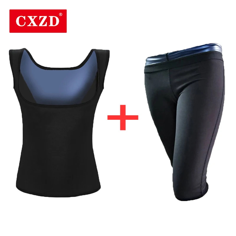 

CXZD 2021 Sweat Sauna Vest Body Shapers Pants Waist Trainer Slimming Tank Top Shapewear Corset Gym Women Abdomen Fat Burning Set