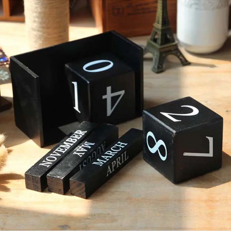 Large Vintage Wooden Perpetual Calendar Eternal Block Month Date Display Desk Accessory Photography Props Home Office Decoration |