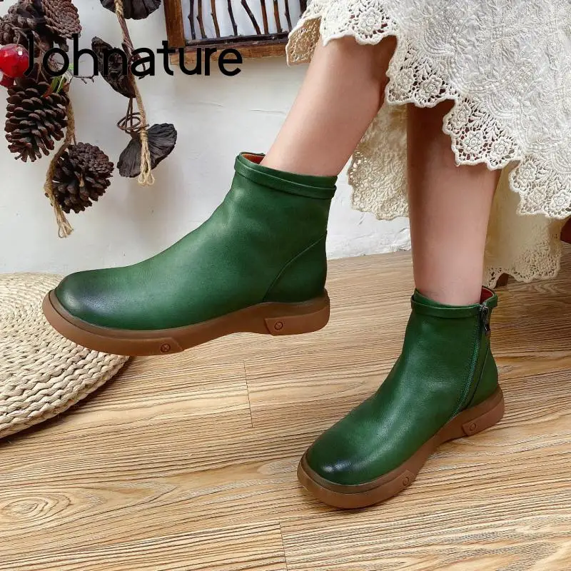 

Johnature Women Boots Genuine Leather Ankle Shoes Round Toe 2022 New Winter Flat With Zip Concise Sewing Handmade Ladies Boots