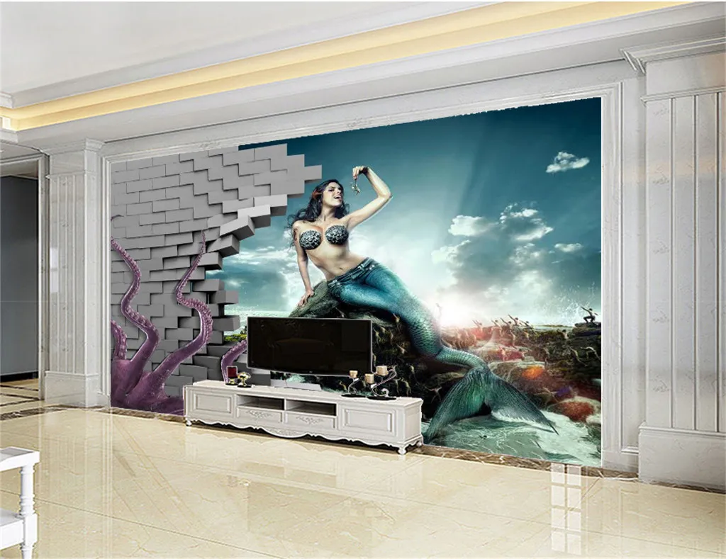 Красивый морской пейзаж фото 3d обои Осьминог миф подводный мир Русалка интерьер