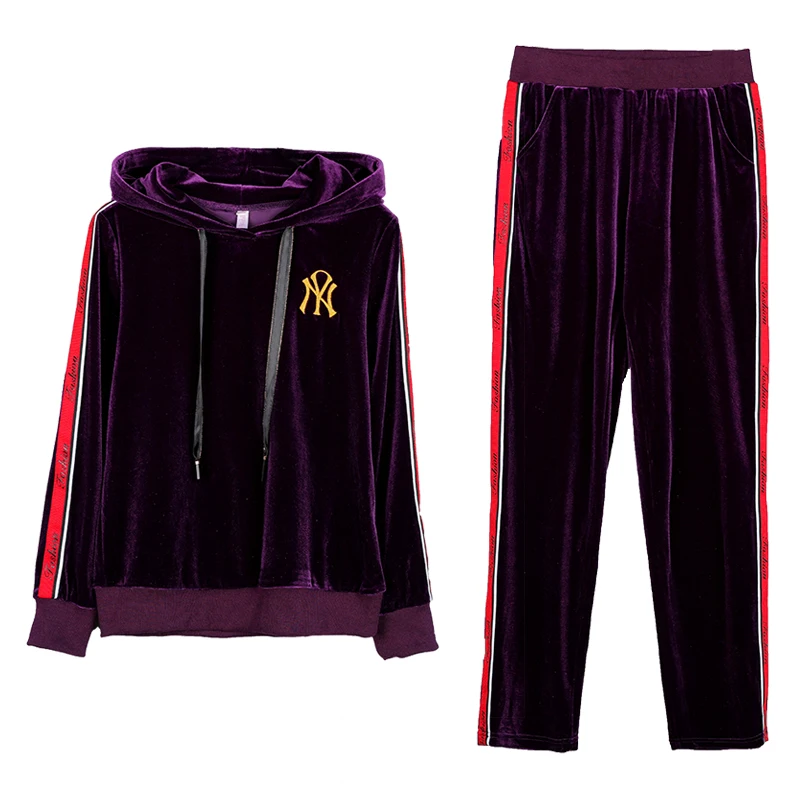 Бархатный спортивный костюм для женщин 2019 Женский Большой размер с капюшоном