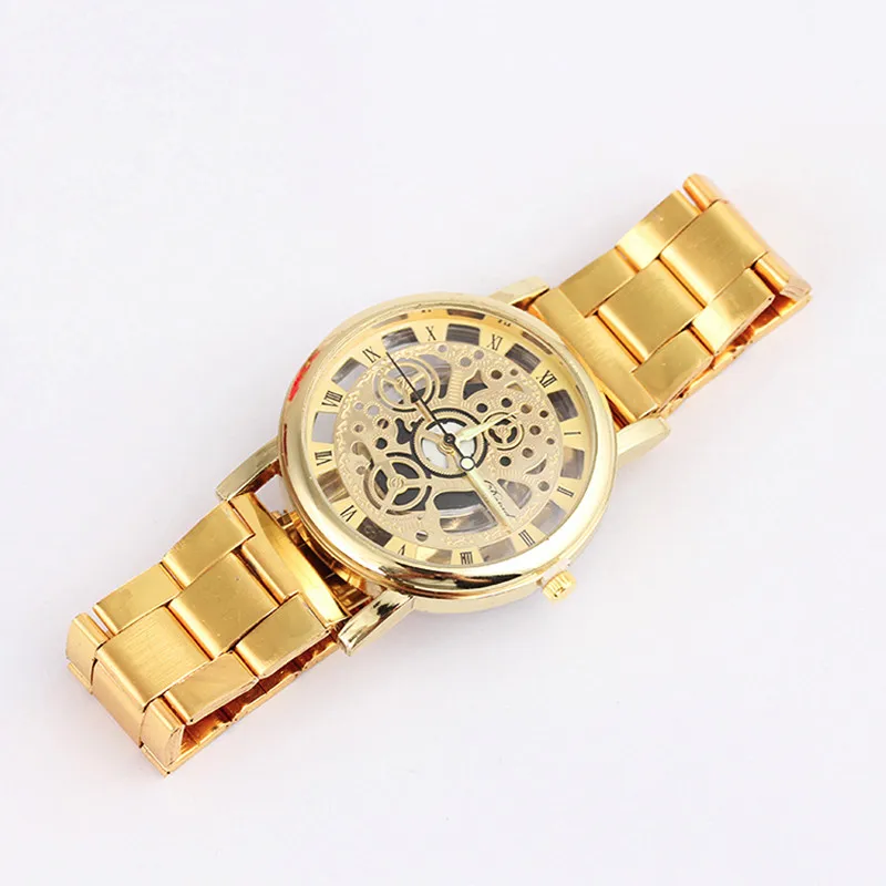 Модные мужские наручные часы из нержавеющей стали в полоску Золотые