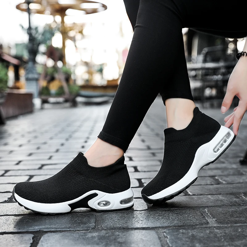 Women's Sneakers Fashion Breathable Walking Shoes Sport Slip-on Air Cushion Lightweight Socks Shoes Solid Color
