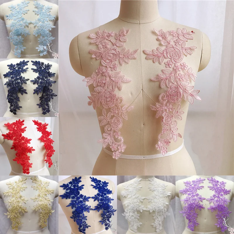 

Sewing Lace Fabrics 2 Pairs 14*35cm Colors Ganza Embroidery Flower Large Lace Applique For Wedding Dress, Bridal Gown