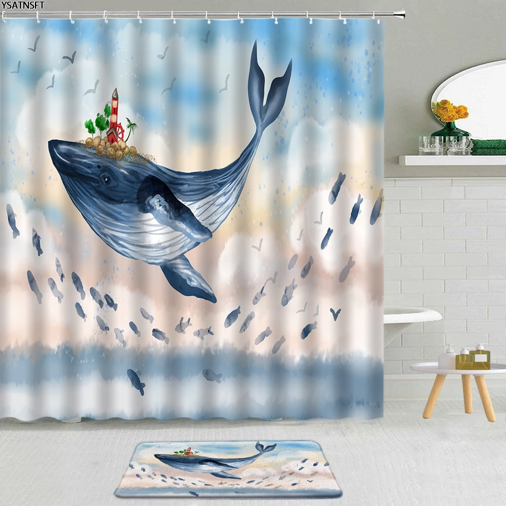 

Cartoon Ocean Animal Whale Shower Curtain Dolphin Sea Turtle Blue Fish Polyester Fabric Non-Slip Bath Mat Bathroom Curtains Set