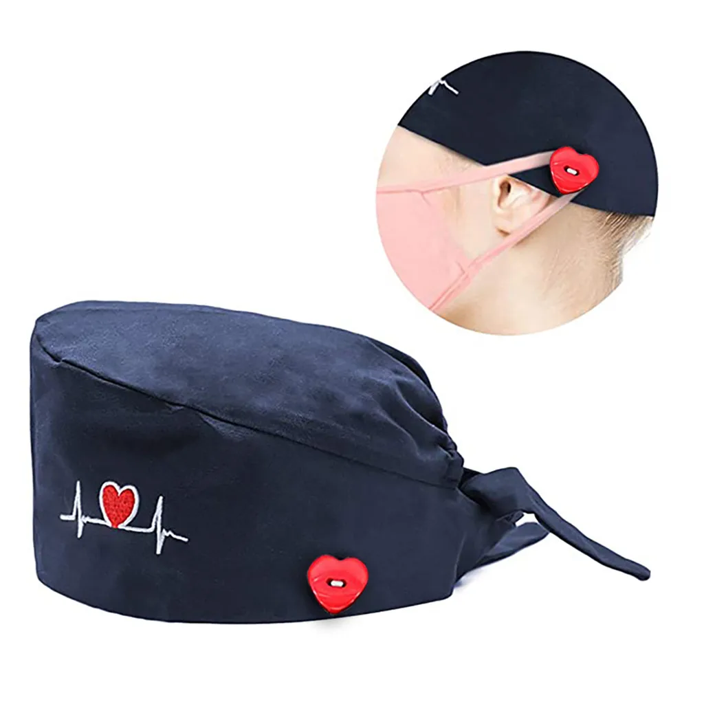 

Fashion Love Heart Print Caps Cotton With Button Working Hat Washable Casual Nurses Hat Women Men Beautician Dustproof Cap