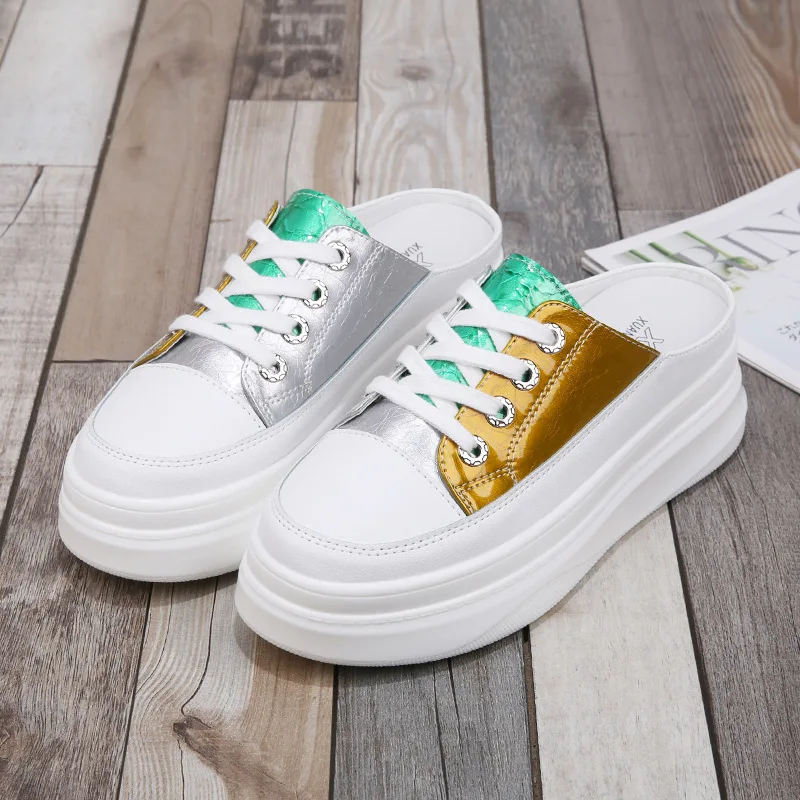 

Female Shoes Slippers Casual Slides Loafers On A Wedge Platform Cover Toe Women Heels 2021 Luxury Flat High Rubber Fabric PU