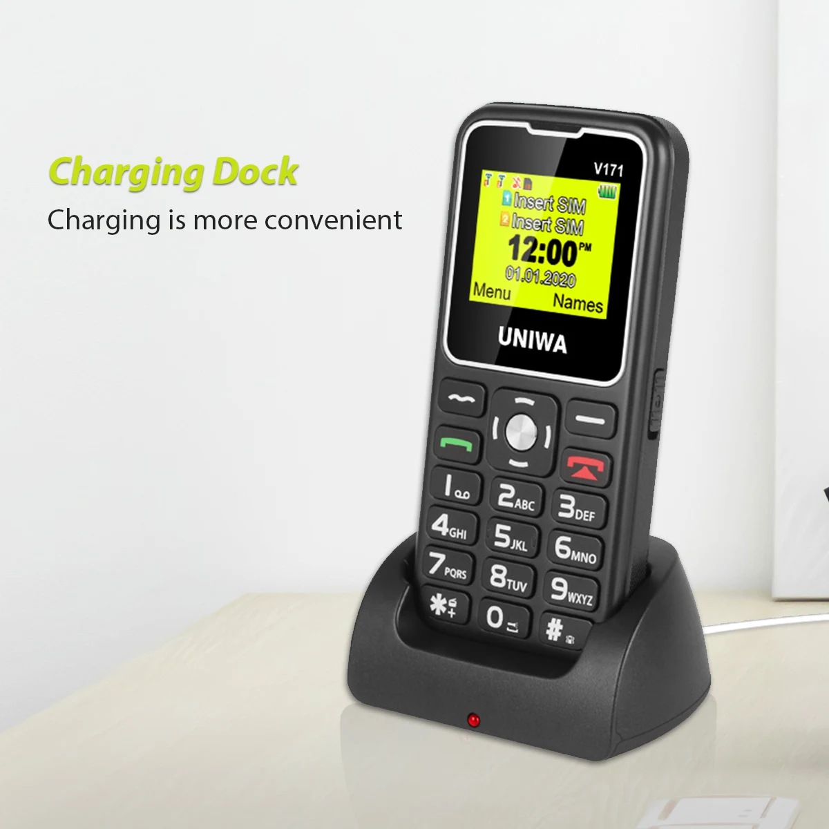 uniwa v171 sos 2g mobile feature phone free charging dock 1 77 display big button wireless fm loud speaker torch up to 10 days free global shipping