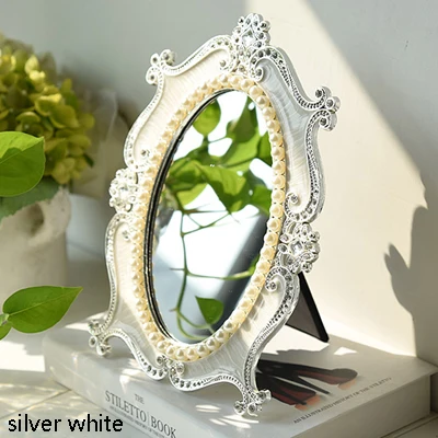 silver white Античное Латунное синее жемчужное 4x6 дюймов Овальное Металлическое обрамленное настольное зеркало европейский домашний декор серебристо-белое зеркало для макияжа с украшениями - Цвет: silver white