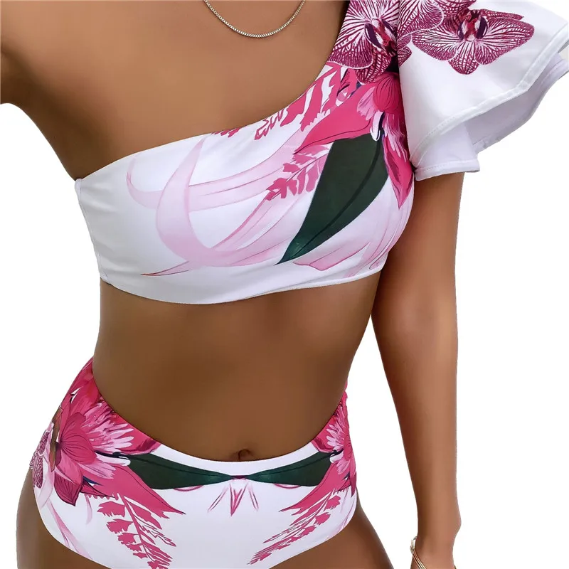 

Ruffles Sleeve Off Shoulder Women Swimwear Bikinis Set 2021 Sexy Floral Print Padded Push Up High Waist Thong Beachwear Biquini