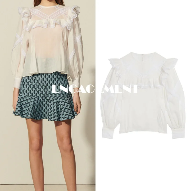 

ENGAGEMENT High Quality 2021 Summer New Palace Style Ruffled Blouse Women's Lace Round Neck Cotton and Linen Perspective Shirt
